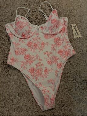 Womens White One-Piece Swimsuit with Pink Floral Print